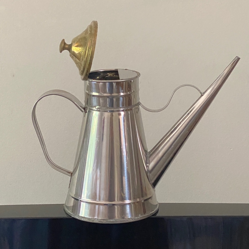 Vintage Stainless Steel Oil Can with Brass Hinged Lid